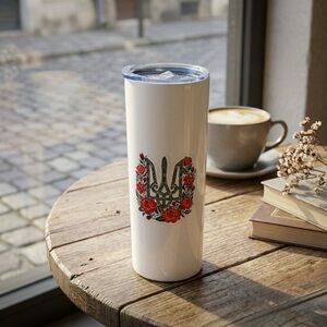 White Tumbler with Red Floral Design.